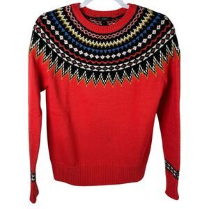J. Crew Red Wool Blend Nordic Fair Isle Crewneck Winter Ski Sweater Size Small